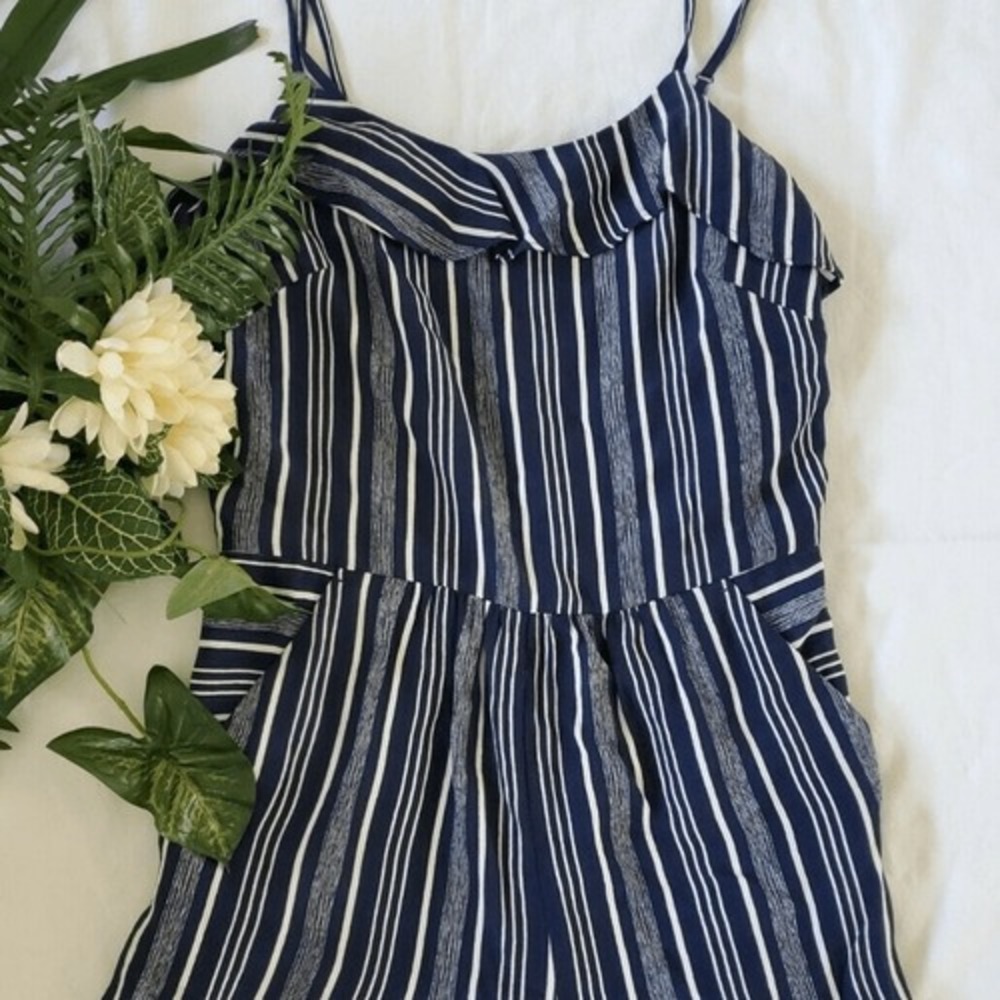 LOFT Navy Blue White Striped Ruffle Romper Size 0 Nautical Sleeveless 433999